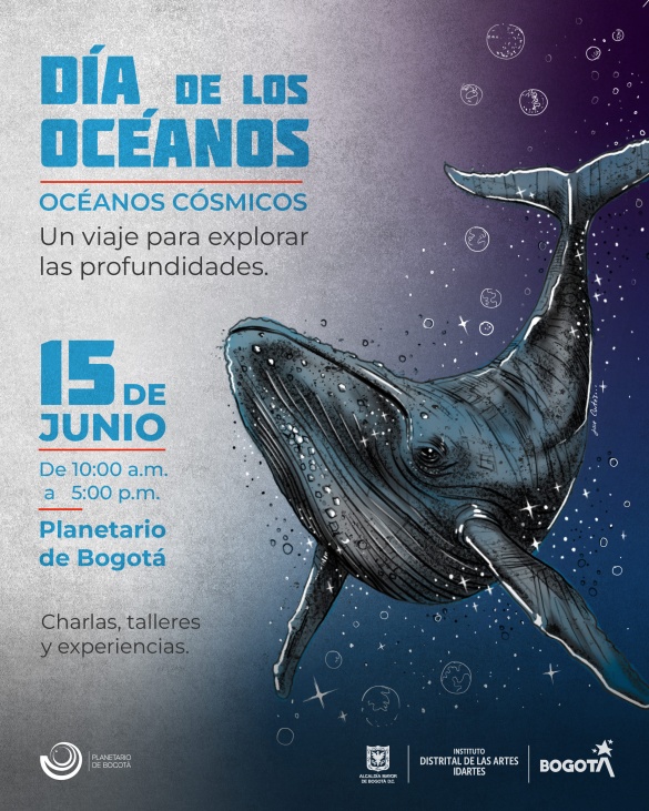 afiche dia de los oceanos con una ballena y la información 