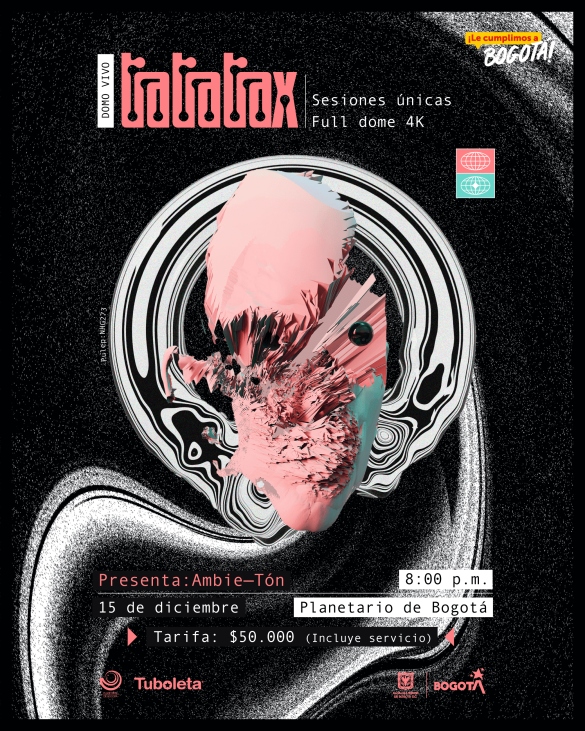 TraTraTrax en concierto Circulo rosa en medio de líneas grises y un fondo negro