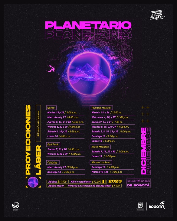 Flyer con la palabra Planetario y una esfera azul con violeta sobre proyecciones show láser diciembre